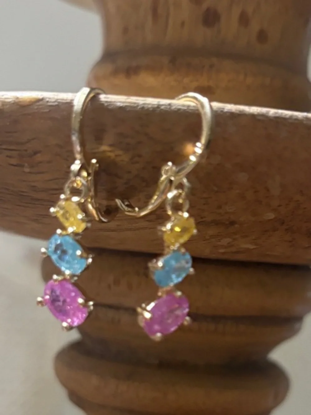 Gold-Tone “candy” Huggie Hoop Drop Earrings with Pink, Blue and Yellow Stones